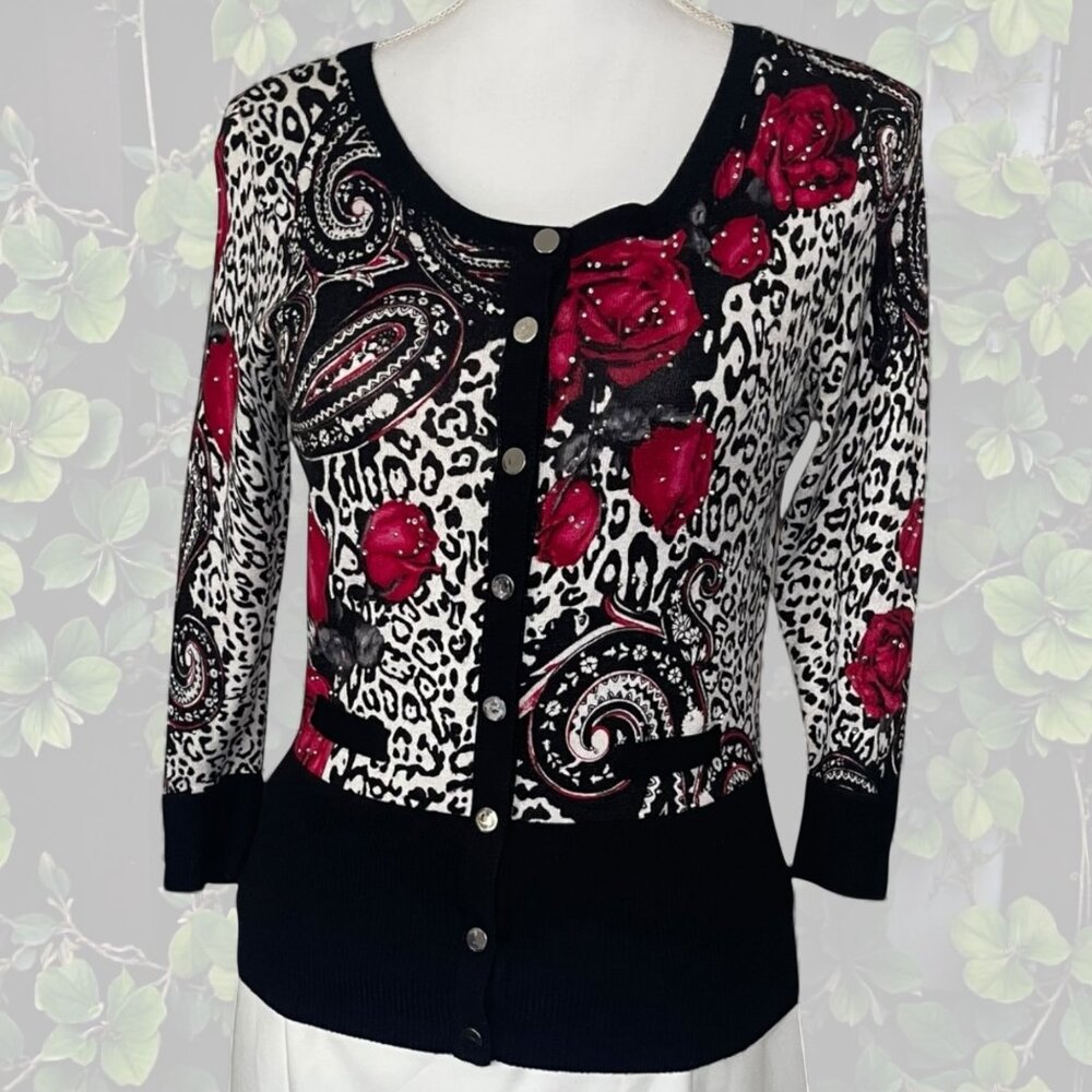WHBM Womens S Rose Leopard Print Rhinestone Paisley Cardigan - Y2K Animal Office